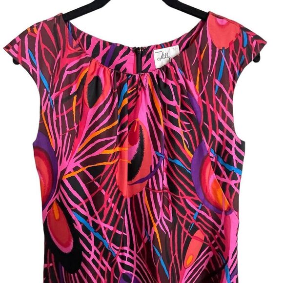 MILLY OF NEW YORK Women's Peacock Red Colorful Silk Shift Dress Size 2 - Picture 2 of 6